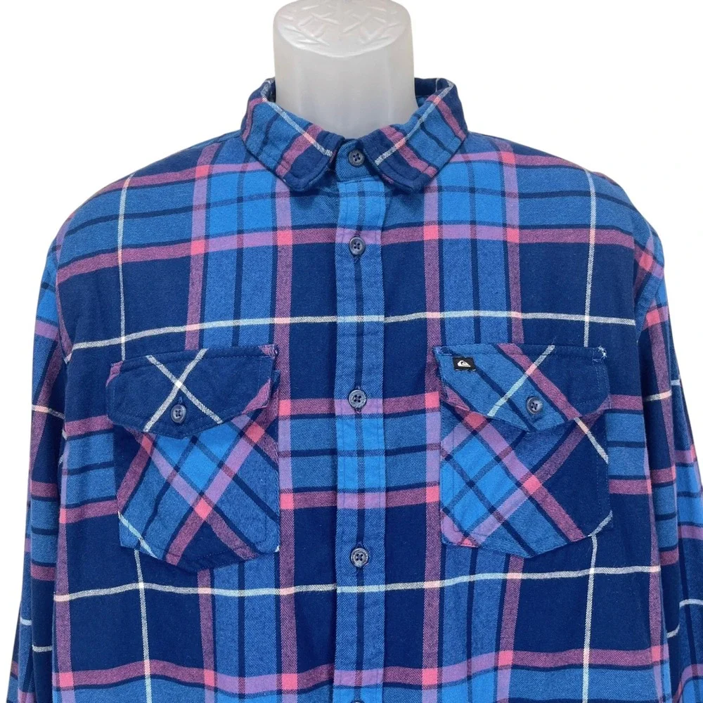 Quicksilver‎ Men Large Flannel Blue Pink Plaid Long Sleeve Button-Up Regular Fit